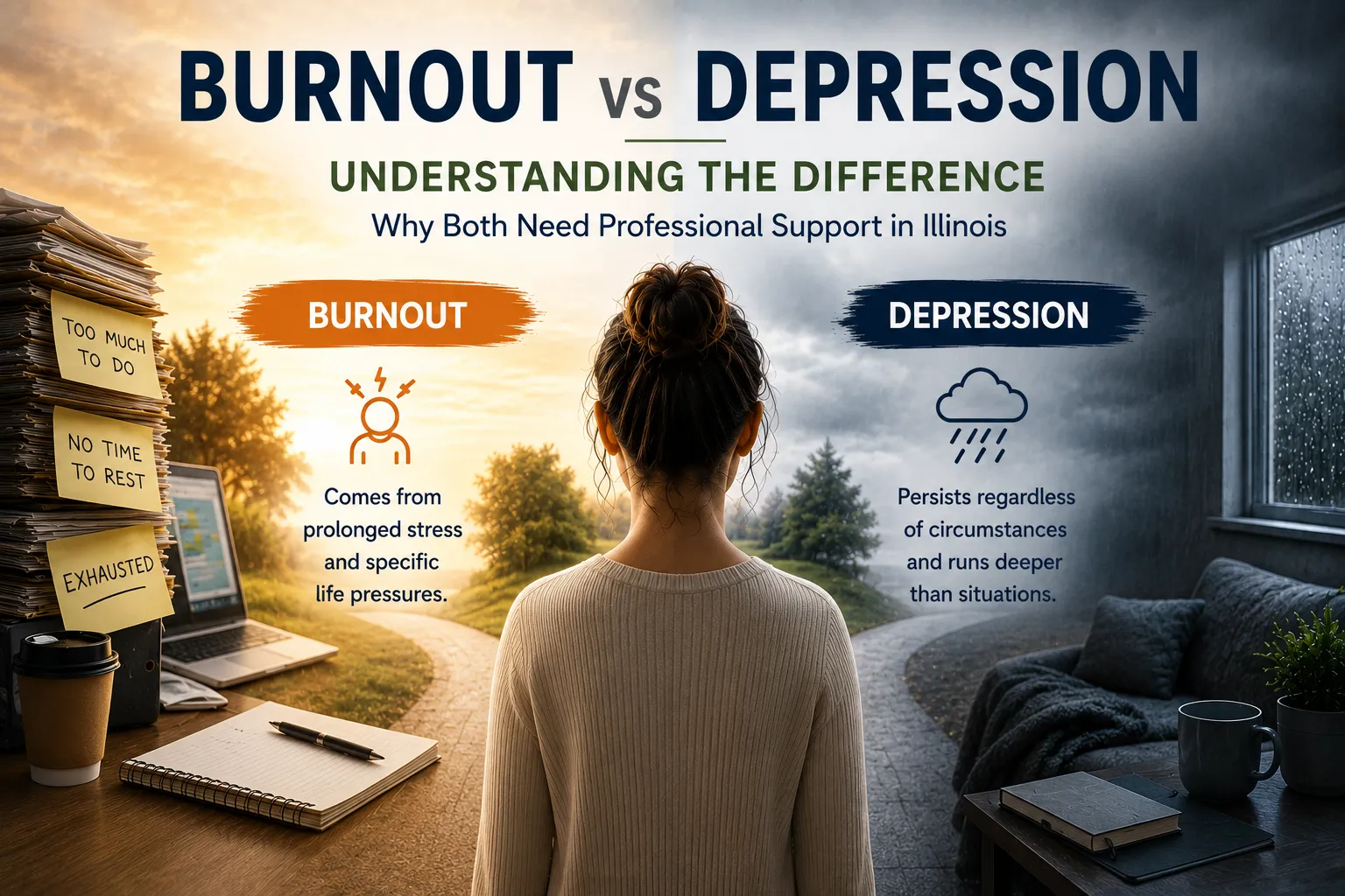 Burnout vs depression comparison showing how prolonged stress differs from persistent depressive symptoms in Illinois