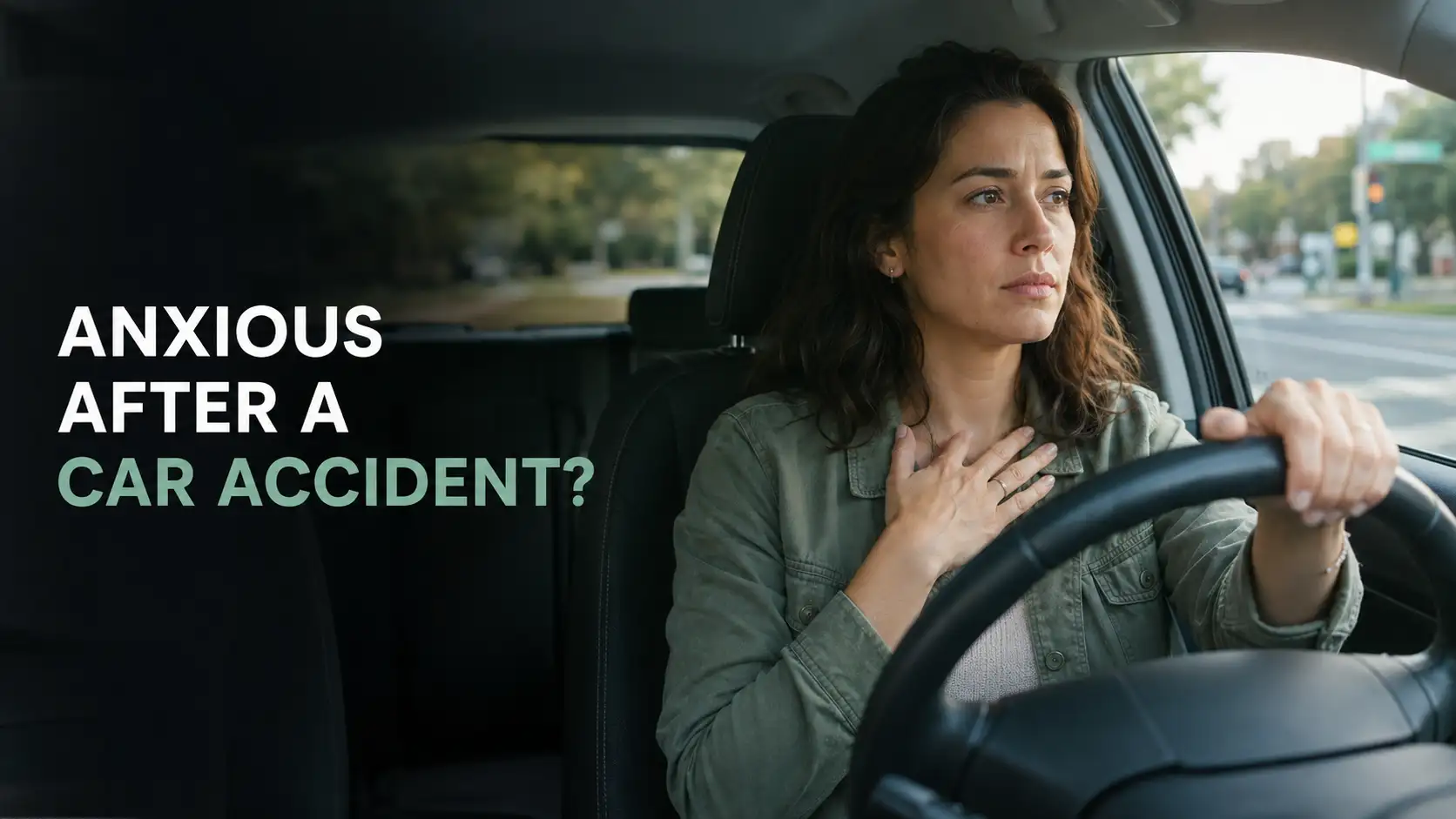 Woman experiencing anxiety while sitting behind the wheel after a car accident.