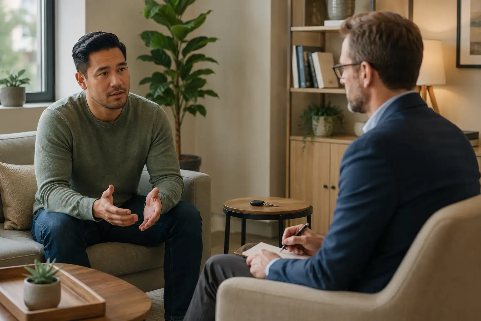 Adult discussing car accident trauma with a therapist in Glen Ellyn, Illinois.