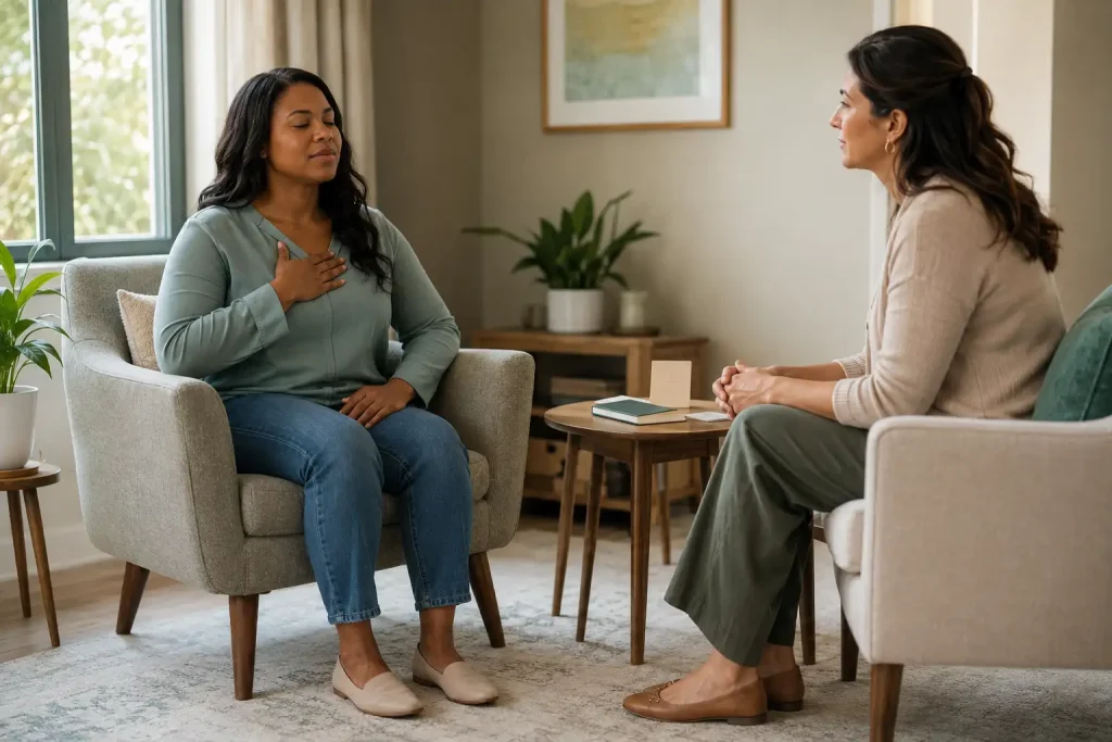 Client practicing a grounding technique with support from a therapist during car accident trauma therapy.