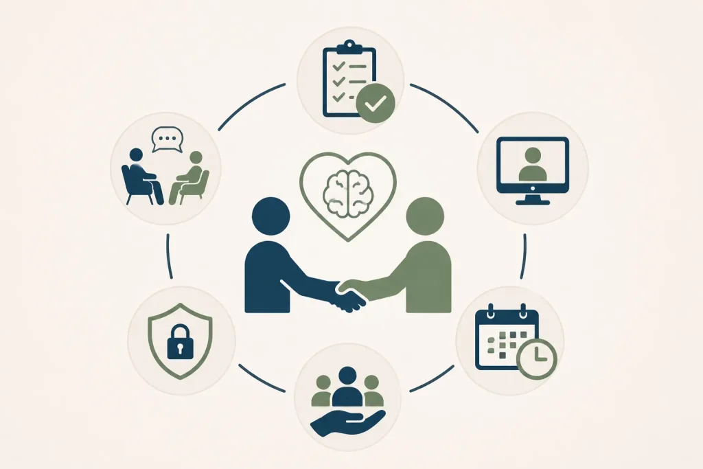 CBT practice referral and continuity of care illustration with icons for in-person therapy, telehealth, scheduling, privacy, and ongoing support.