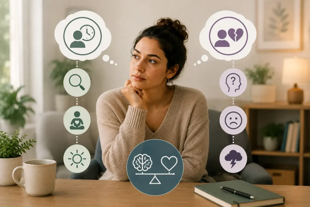 Woman reflecting on different interpretations of the same situation and how thoughts can influence emotional responses in therapy.
