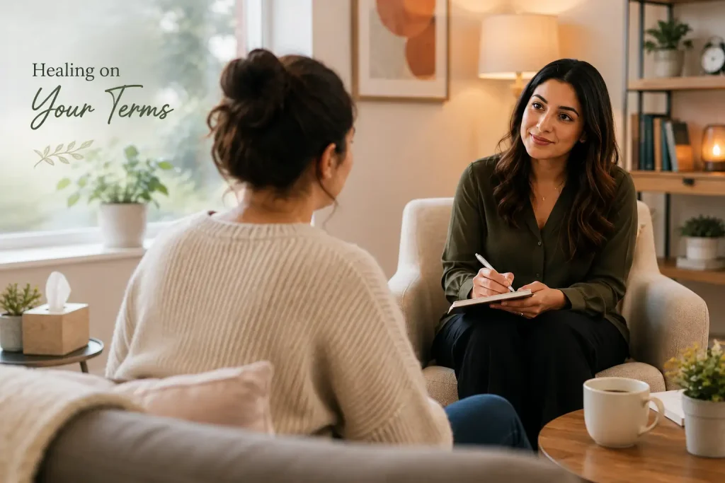 Therapist listening to a woman during a personalized first therapy session in a calm counseling room.