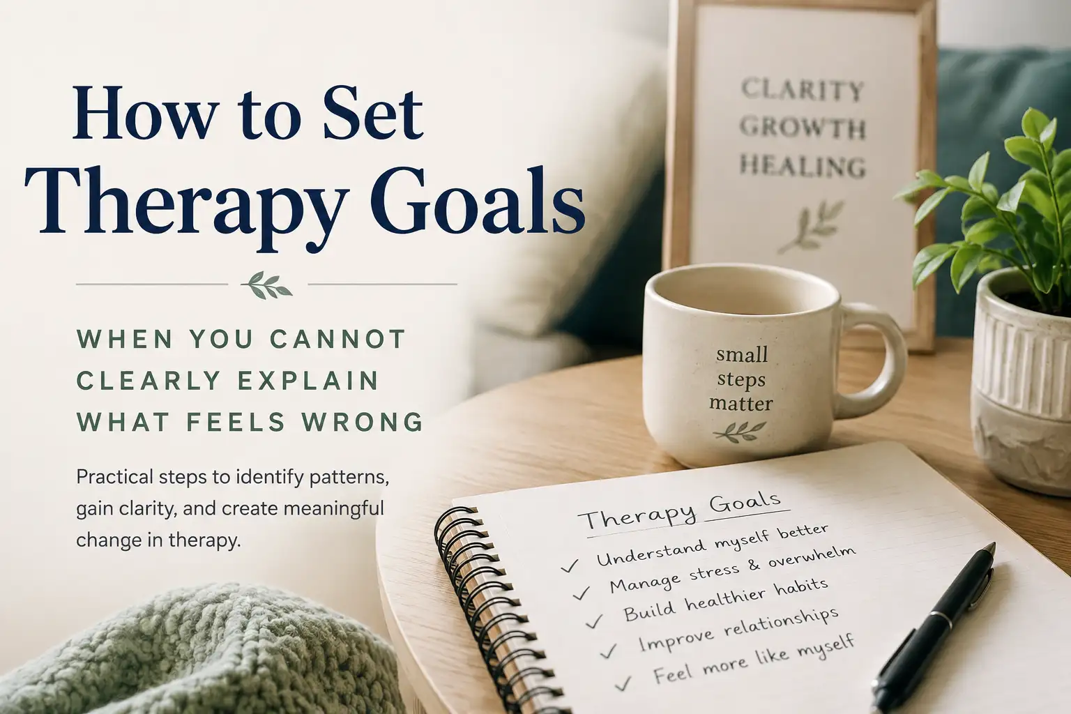 How to set therapy goals when you cannot clearly explain what feels wrong, with a notebook outlining meaningful therapy goals.