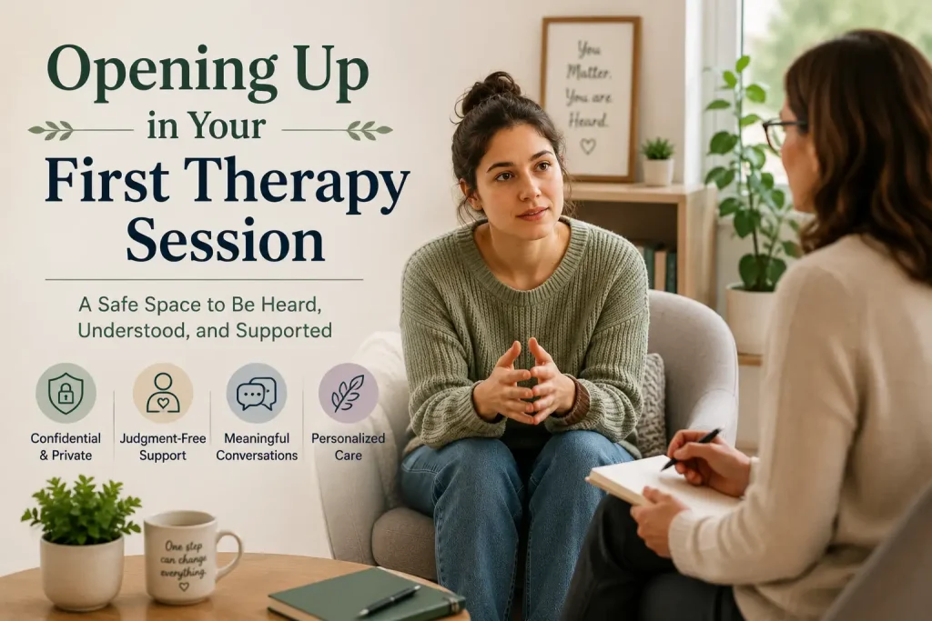 Client opening up during a first therapy session in a private, judgment-free setting with a therapist providing supportive one-on-one care.