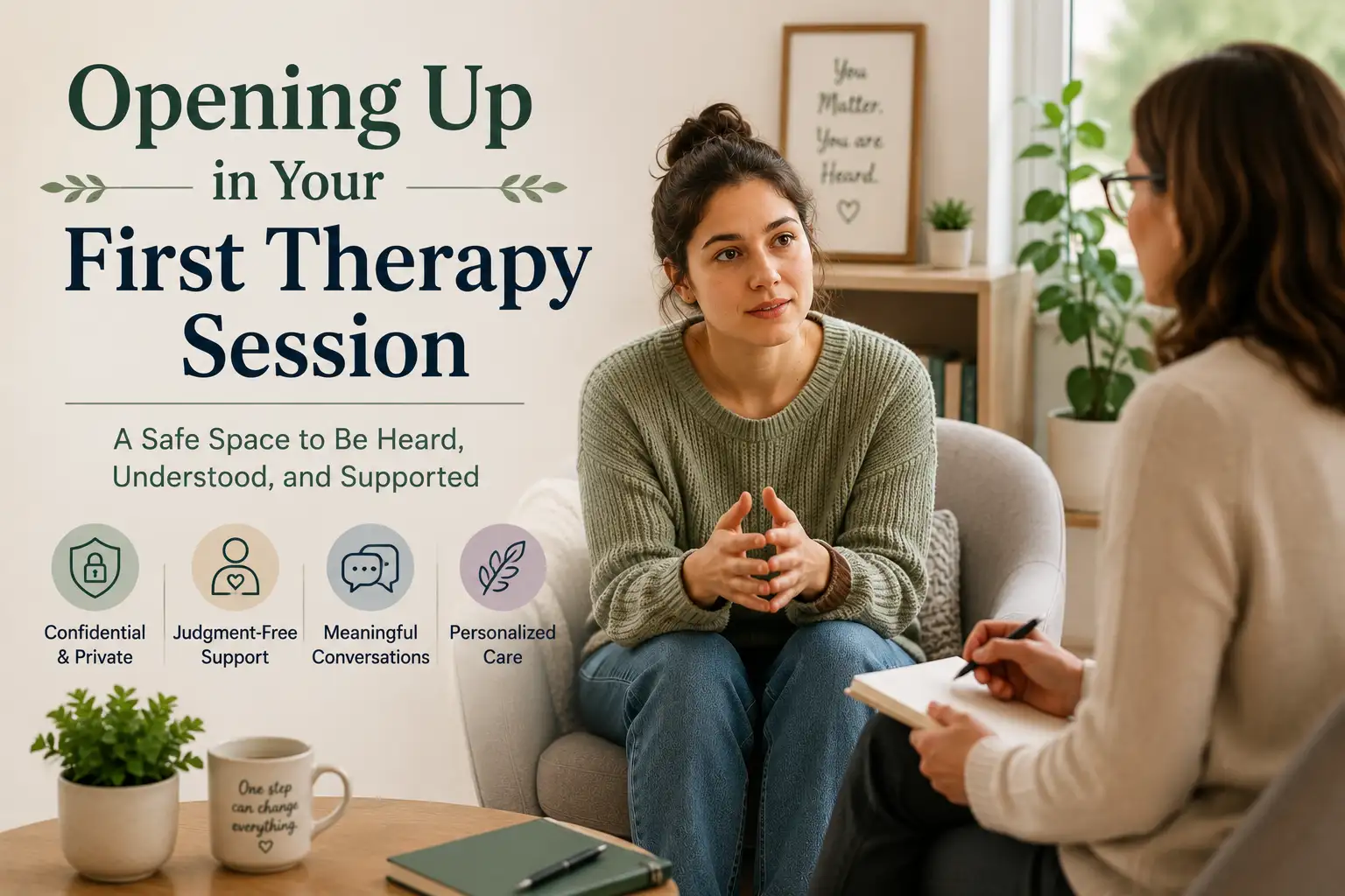 Client opening up during a first therapy session in a private, judgment-free setting with a therapist providing supportive one-on-one care.