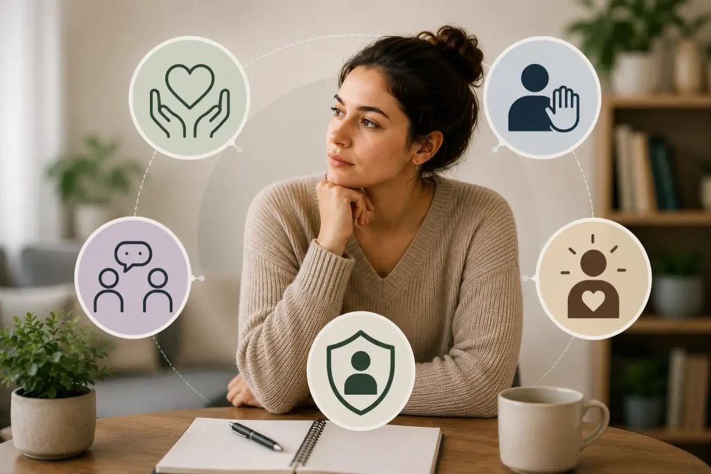 Woman reflecting on healthy boundaries, with icons representing compassion, communication, self-respect, saying no, and protecting personal limits.