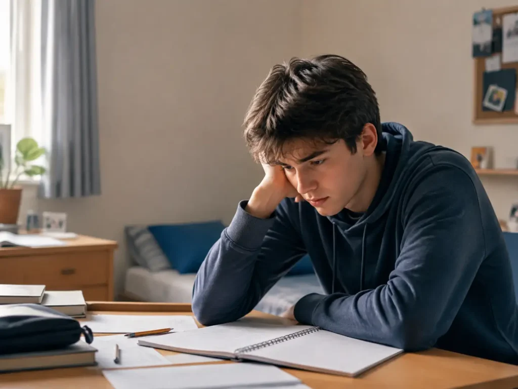 Teenager sitting alone at a desk with a discouraged expression, illustrating consistently negative self-talk and low self-esteem.