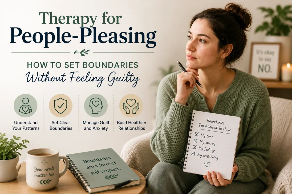 Woman reflecting on setting healthy boundaries in therapy to reduce people-pleasing, manage guilt, and communicate her needs more confidently.