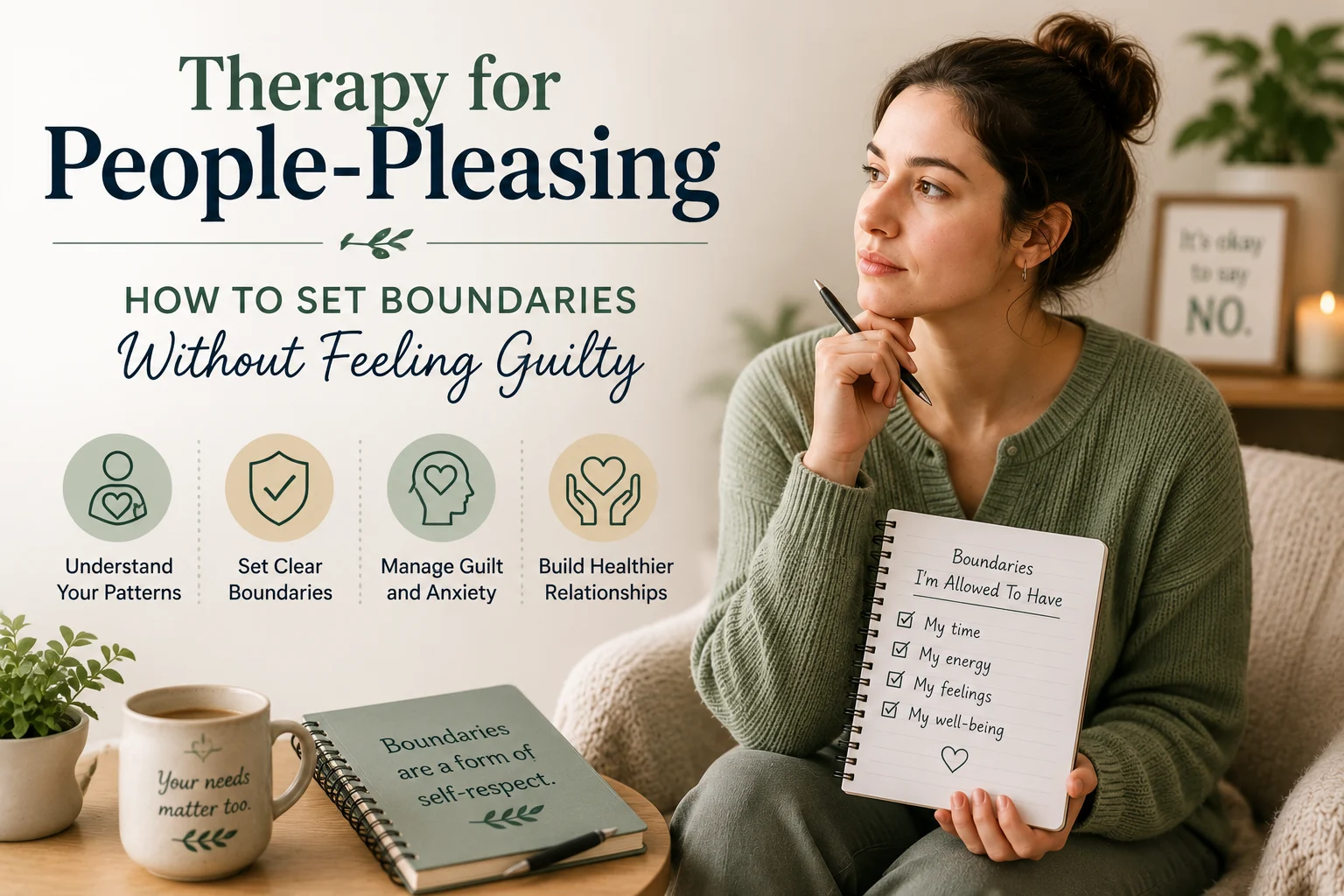 Woman reflecting on setting healthy boundaries in therapy to reduce people-pleasing, manage guilt, and communicate her needs more confidently.