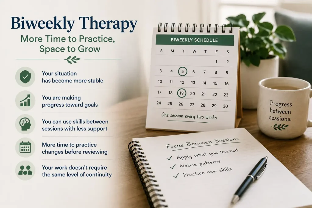 Biweekly individual therapy schedule showing more time between sessions to practice skills, track progress, and apply what was discussed in therapy.